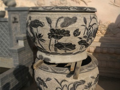 石雕花盆水缸荷花睡莲莲花浮雕水缸