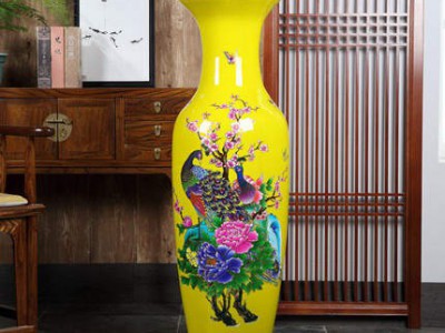 创意客厅家居摆件纯手绘釉上粉彩落地大花瓶孔雀开屏花瓶定制