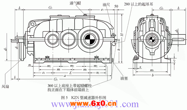 KZN型圆柱齿轮减速器的外形及安装尺寸