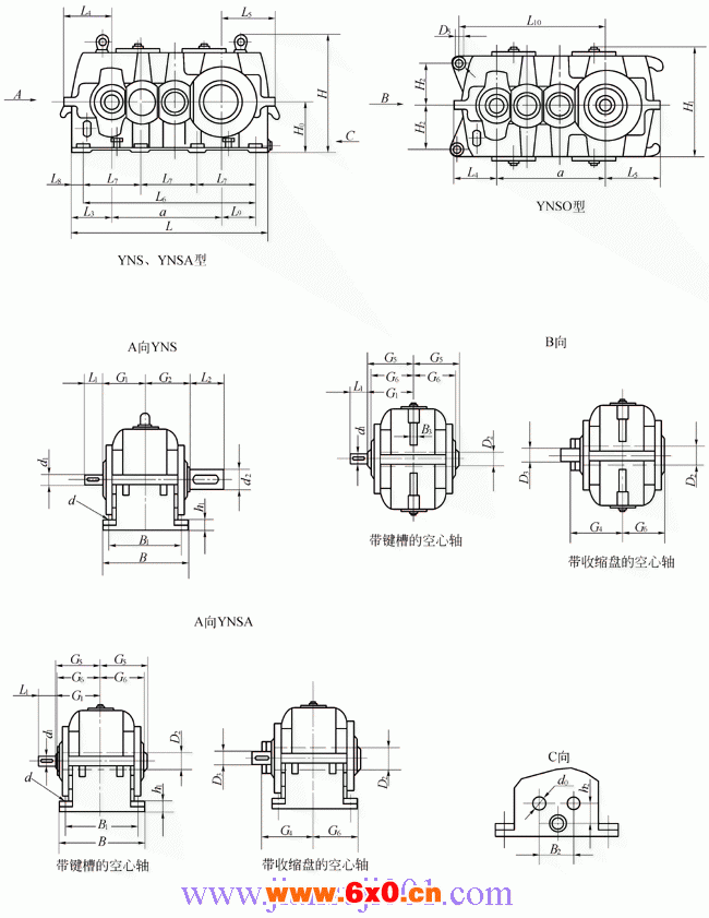 YNS、YNSO、YNSA系列圆柱齿轮减速机外形及安装尺寸