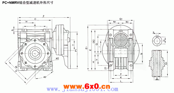 PC+NMRV组合型减速机的外形及安装尺寸