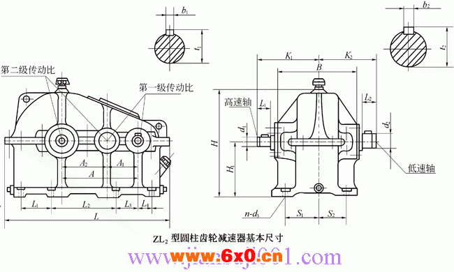 ZL2(Ⅱ1Ч2)型圆柱齿轮二级减速机外形及安装尺寸