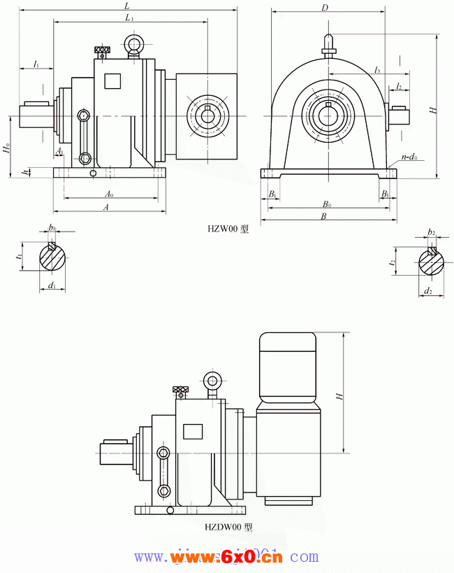 HZW、HZDW型垂直出轴混合少齿差行星齿轮减速机型式及主要尺寸