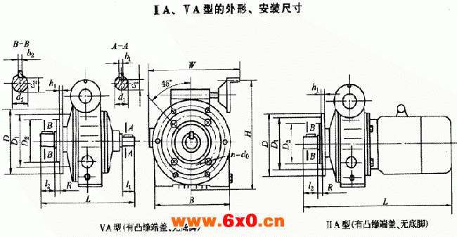 D型行星锥盘无级变速器VA型及ⅡA型外形及安装尺寸