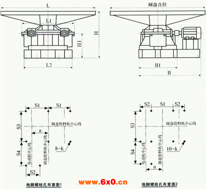 PSH型座式圆盘给料机外形尺寸与地脚螺栓孔部置图