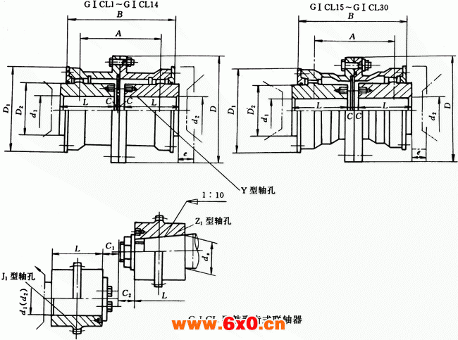 GⅠCL型鼓形齿式联轴器外形及安装尺寸(JB/T8854.2-99)