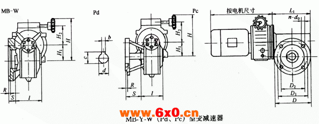 蜗杆减速器与无级变速器组合型Y-W（Pd、Pc）型蜗杆减速器外型及主要尺寸