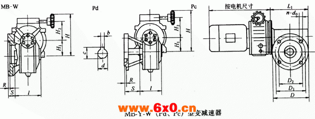 蜗杆减速器与无级变速器组合型MB-Y-W(Pd、Pc)型变减速器外型及主要尺寸
