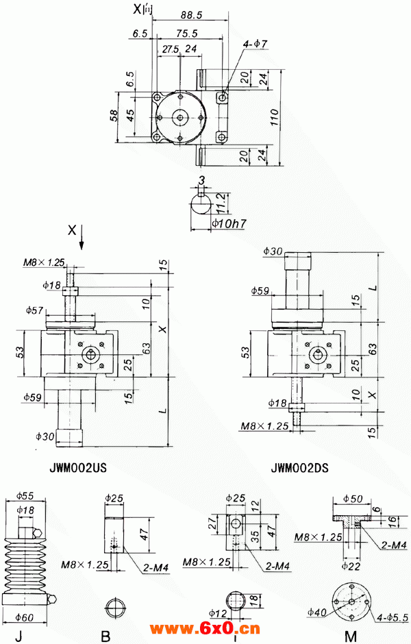 JWM002丝杠升降机外形尺寸表