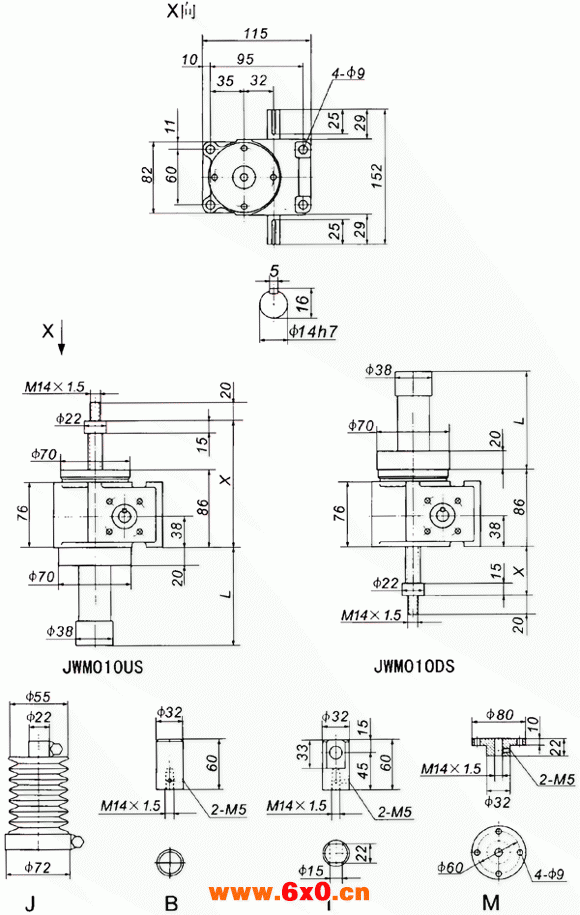 JWM010丝杠升降机外形尺寸表
