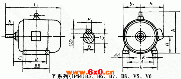Y系列(IP44)B3、B7、B8、V5、V6三相异步电动机外形及其安装尺寸