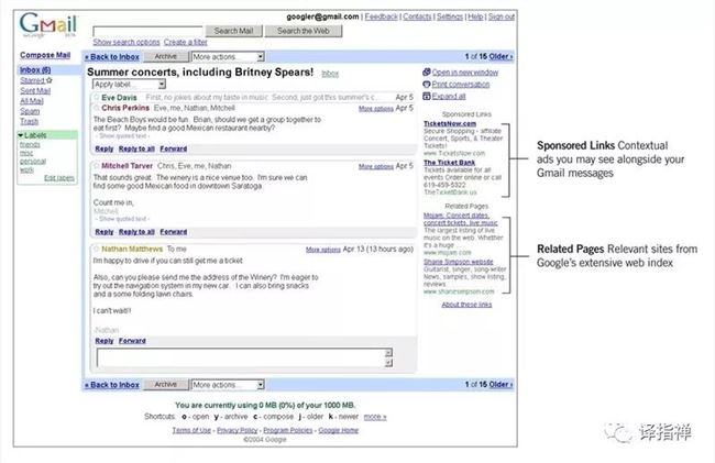  2004 年 4 月 1 日Gmail界面视图，由设计师凯文·福克斯创作